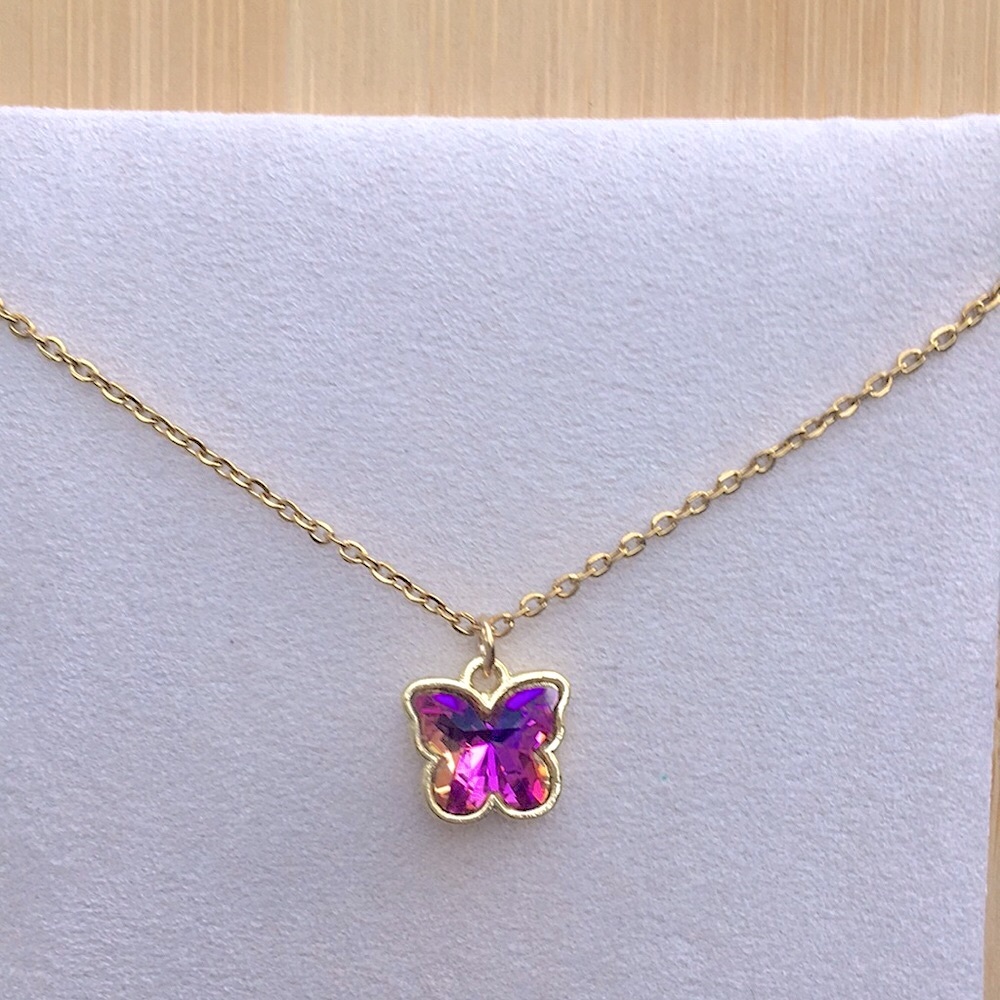 Gold + Fuchsia Pink Crystal Butterfly Drop Pendant Necklace